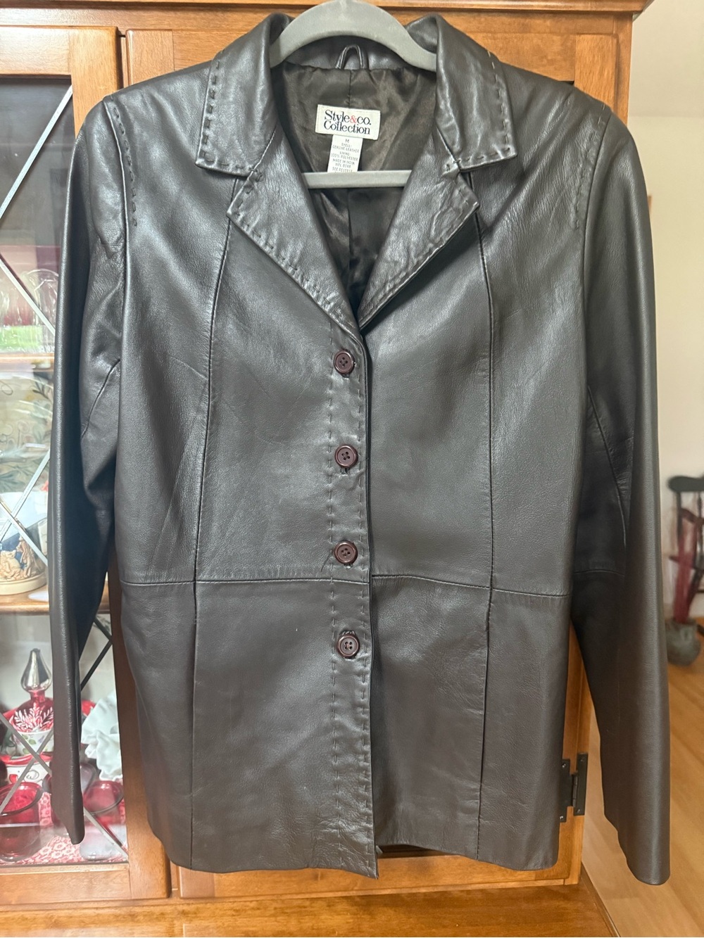 Style & Co. Women's Dark Brown Leather Button-Front Jacket